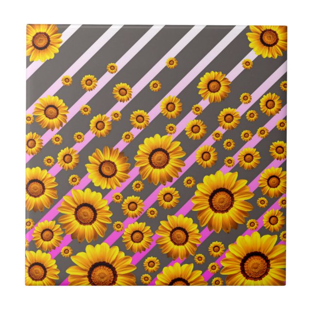 Beautiful yellow flowers on grey, pink stripes   ceramic tile (Front)