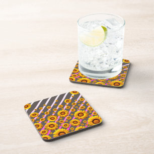 Beautiful yellow flowers on grey, pink stripes   coaster