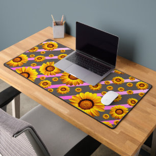 Beautiful yellow flowers on grey, pink stripes desk mat