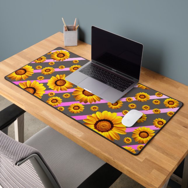 Beautiful yellow flowers on grey, pink stripes  desk mat (Office 2)