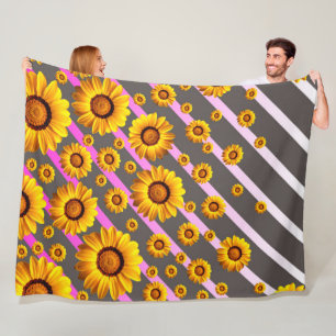 Beautiful yellow flowers on grey, pink stripes   fleece blanket