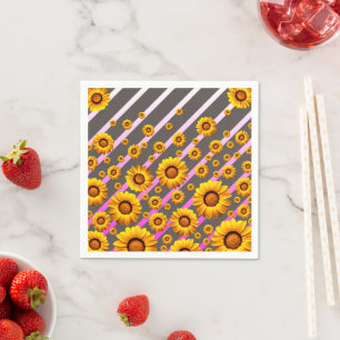 Beautiful yellow flowers on grey, pink stripes napkin