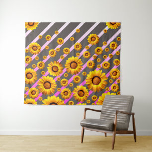 Beautiful yellow flowers on grey, pink stripes tapestry