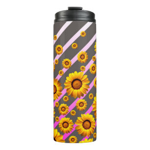 Beautiful yellow flowers on grey, pink stripes   thermal tumbler