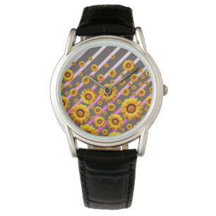 Beautiful yellow flowers on grey, pink stripes watch