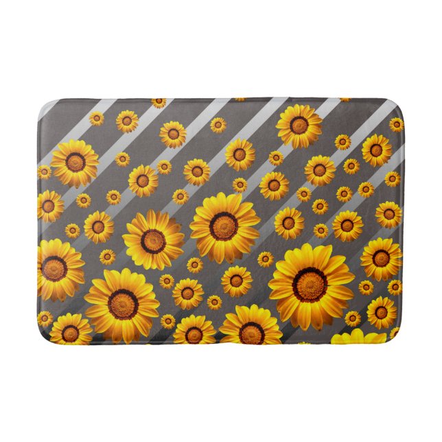 Beautiful yellow flowers on grey, silver stripes  bath mat (Front)