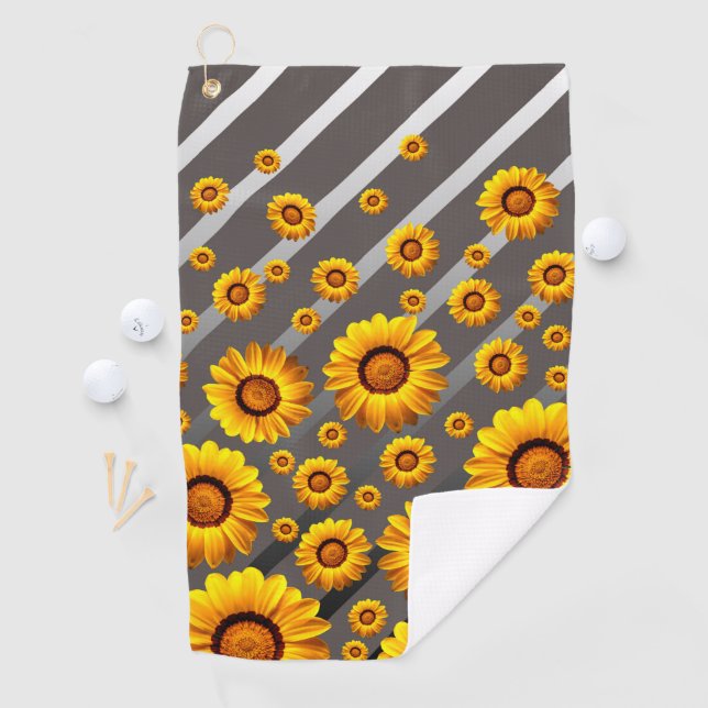 Beautiful yellow flowers on grey, silver stripes  golf towel (InSitu)