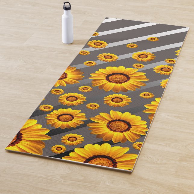 Beautiful yellow flowers on grey, silver stripes  yoga mat (In Situ)