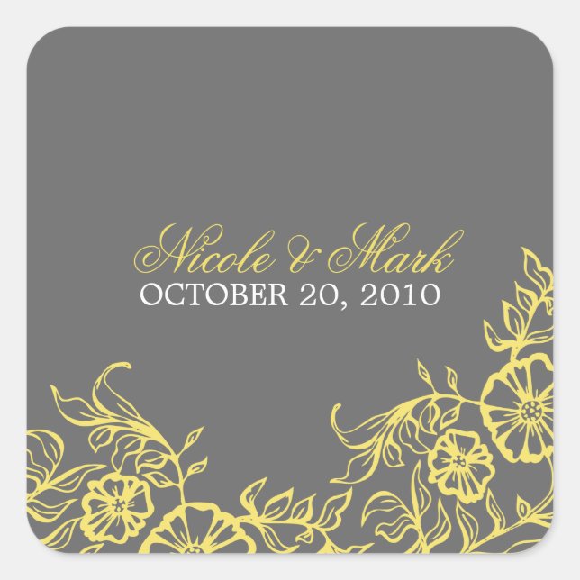 Beautiful Yellow & Grey Floral Wedding Square Sticker (Front)
