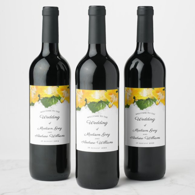 Beautiful Yellow Hibiscus Flower Art Wedding Wine Label (Bottles)