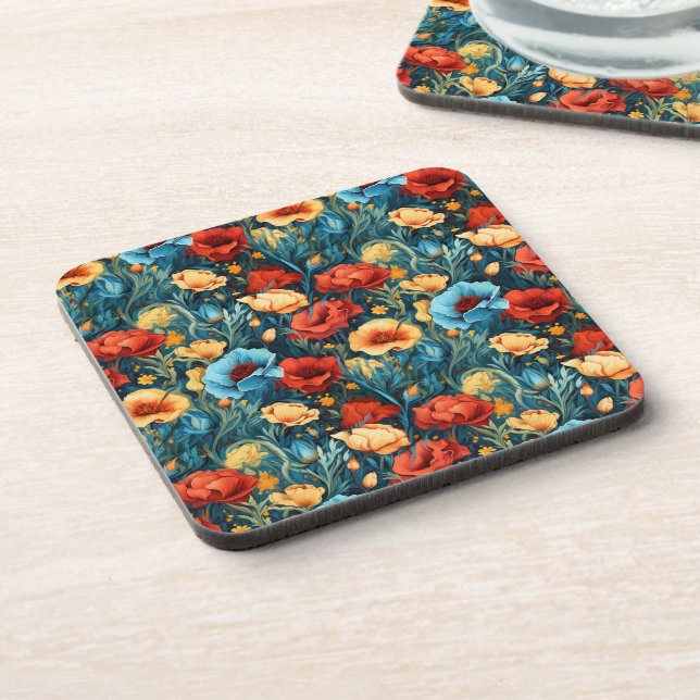 Beautiful Yellow Red Blue Flowers Botanical Print Coaster (Left Side)