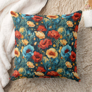 Beautiful Yellow Red Blue Flowers Botanical Print Cushion