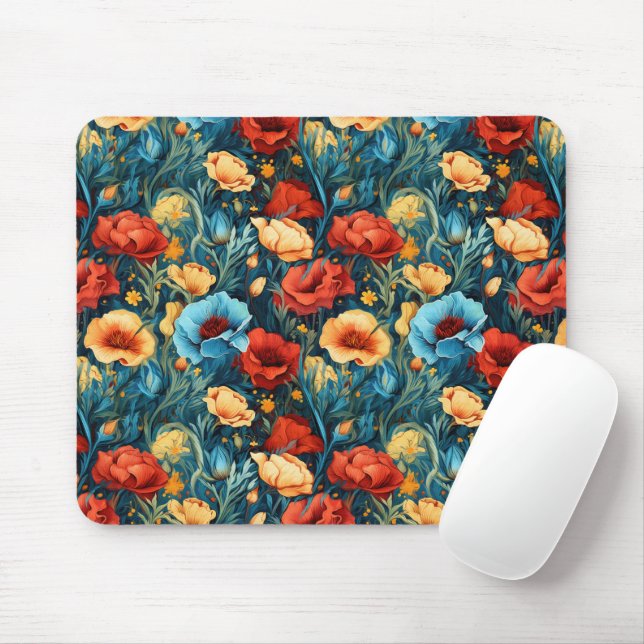 Beautiful Yellow Red Blue Flowers Botanical Print Mouse Pad (With Mouse)