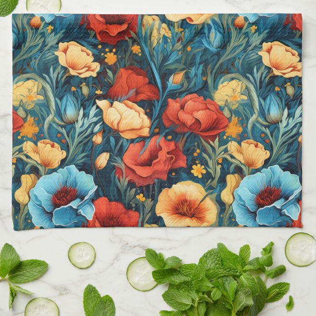 Beautiful Yellow Red Blue Flowers Botanical Print Tea Towel (Folded)