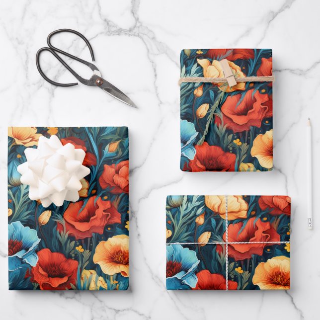 Beautiful Yellow Red Blue Flowers Botanical Print Wrapping Paper Sheet (Front)