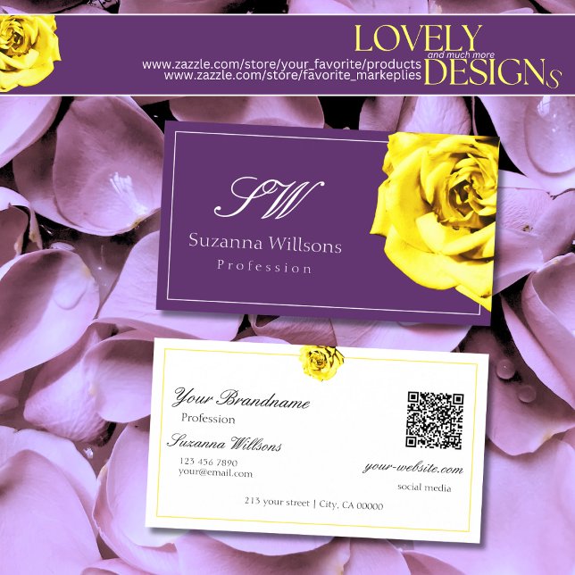 Beautiful Yellow Rose on Purple Initials QR Code Business Card (Creator Uploaded)