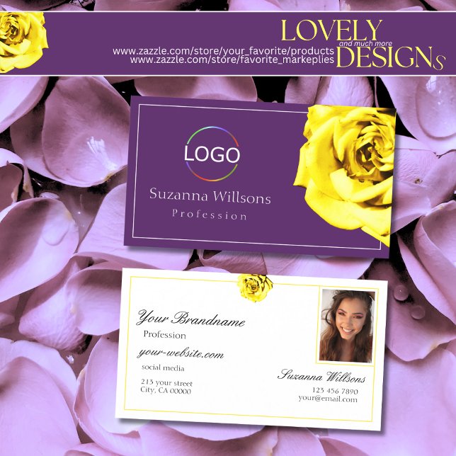 Beautiful Yellow Rose on Purple with Logo Photo Business Card (Creator Uploaded)
