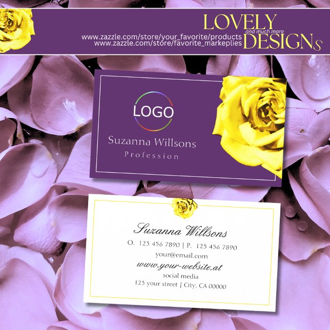 Beautiful Yellow Rose on Purple with Logo Simple Business Card (Creator Uploaded)