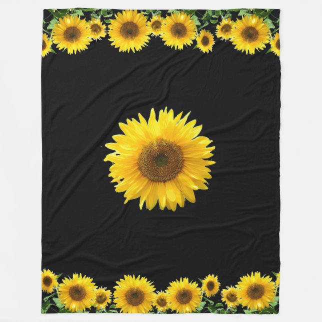 Beautiful Yellow Sunflowers on Black Fleece Blanket (Front)