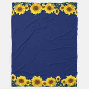 Beautiful Yellow Sunflowers on Navy Blue Fleece Blanket