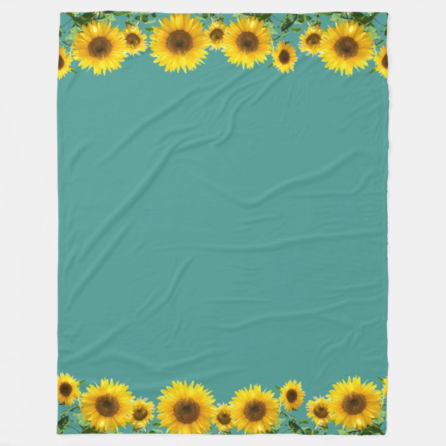 Beautiful Yellow Sunflowers on Teal Fleece Blanket (Front)