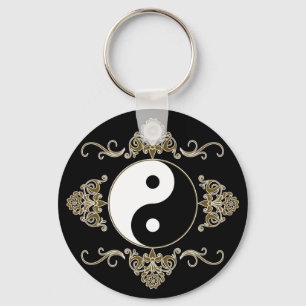 Beautiful Yin Yang Design in Black and Gold Key Ring