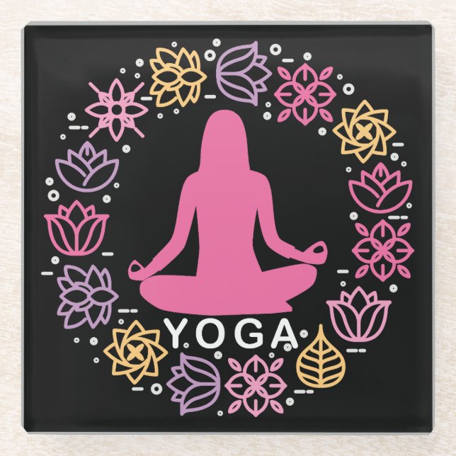 Beautiful Yoga Pose Floral Design Glass Coaster (Front)