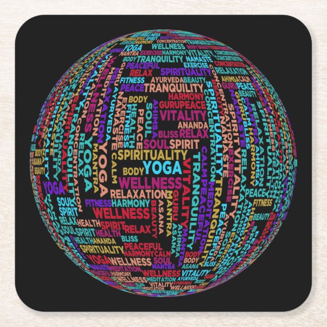 Beautiful Yoga Wellness & Harmony Globe Square Paper Coaster (Front)