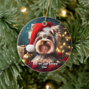Beautiful Yorkshire Terrier with Santa Hat Ceramic Ornament