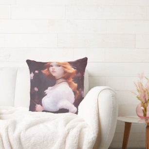 Beautiful Young Girl Amongst Pink Flowers Portrait Cushion