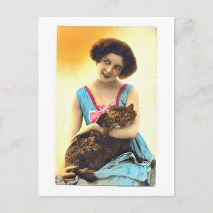 Beautiful Young Girl and Her Cat Postcard