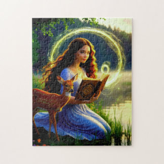 Beautiful Young Woman Sits with Deer and Reads Jigsaw Puzzle