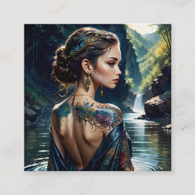 Beautiful young woman with tatoo on her shoulder.  square business card (Front)