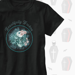 Beautifully Broken Teal Skull With Roses T-Shirt