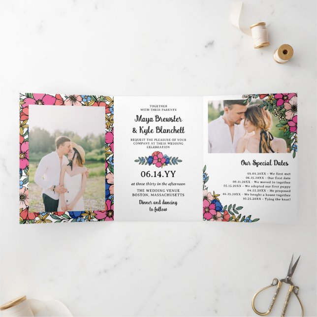 Beautifully Colourful Floral Summer Spring Wedding Tri-Fold Invitation (Inside)