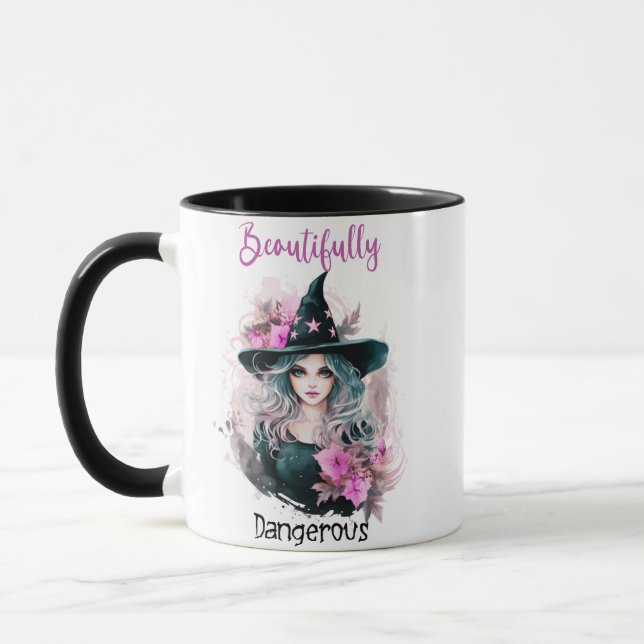 Beautifully Dangerous Witch Pink Flowers Halloween Mug (Left)