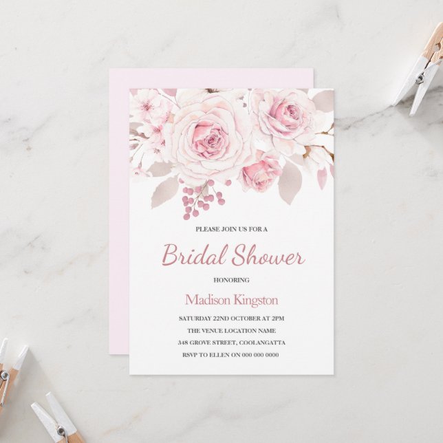 Beautifully Elegant Blush Roses Bridal Shower Invitation (Front/Back In Situ)