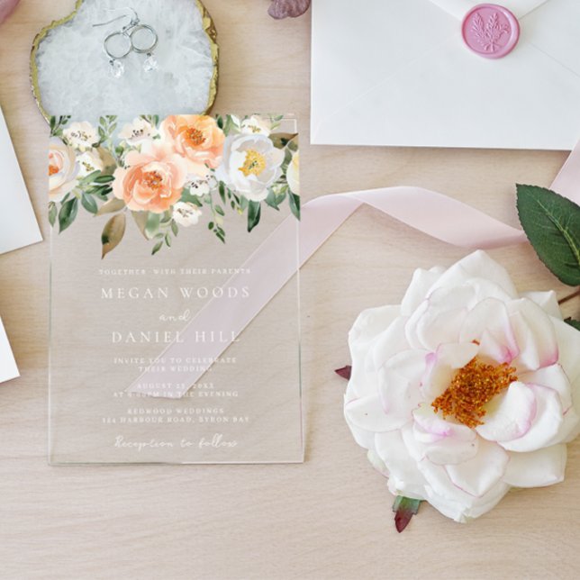 Beautifully Elegant Peach & White Floral Wedding Acrylic Invitations (Creator Uploaded)