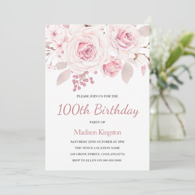 Beautifully Elegant Roses Womans 100th Birthday Invitation (Standing Front)
