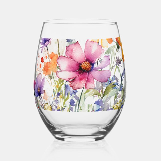 Beautifully Hand Painted Floral Paint Stemless Wine Glass (Front)
