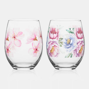 Beautifully Hand Painted Floral Print Stemless Wine Glass