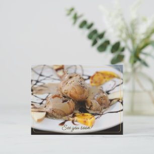 Beautifully served ice-cream with chocolate syrup holiday postcard