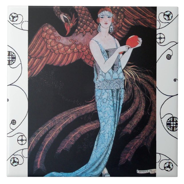 BEAUTY AND PHOENIX Art Deco Woman Fashion Ceramic Tile (Front)