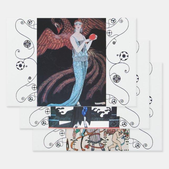 BEAUTY AND PHOENIX Art Deco Woman Fashion Wrapping Paper Sheet (Set)