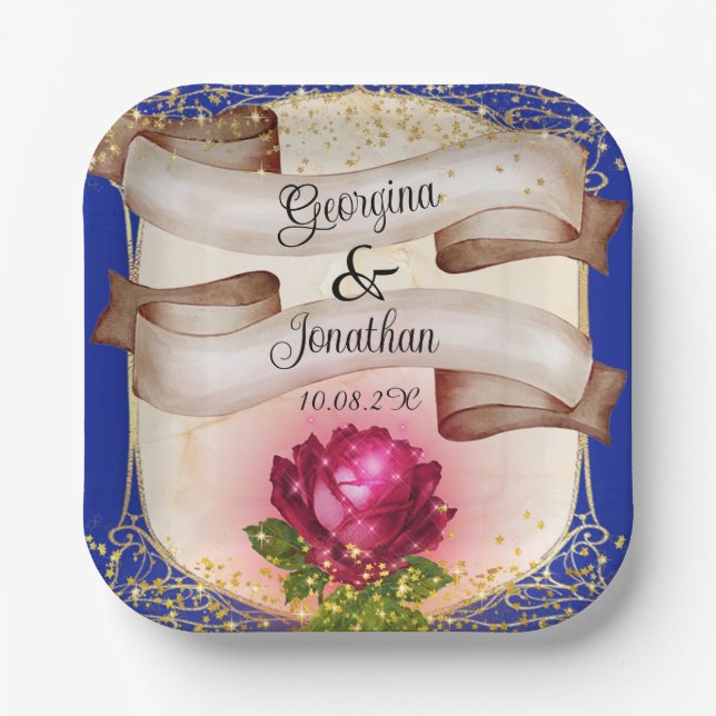 Beauty and the Beast Fairy Tale Royal Blue Wedding Paper Plate (Front)