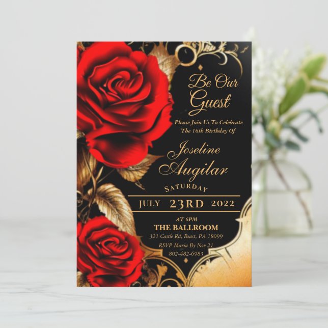 Beauty and the Beast Red Rose Sweet 16 Invitations (Standing Front)