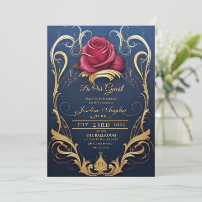 Beauty and the Beast Red Rose Sweet 16 Invitations (Standing Front)