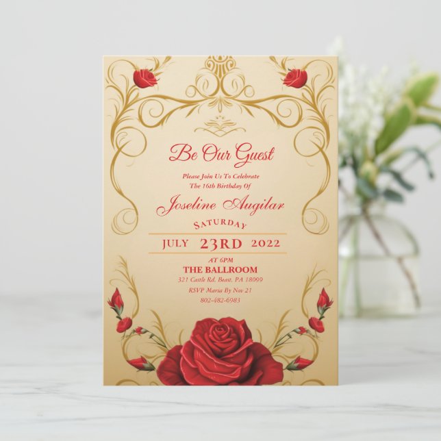 Beauty and the Beast Red Rose Sweet 16 Invitations (Standing Front)