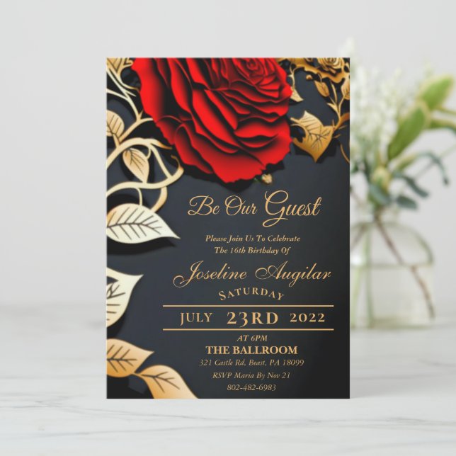 Beauty and the Beast Red Rose Sweet 16 Invitations (Standing Front)