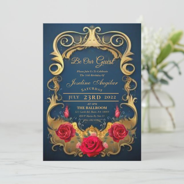 Beauty and the Beast Red Rose Sweet 16 Invitations (Standing Front)